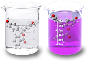 Two Beakers with molecules in different colored sunstance.