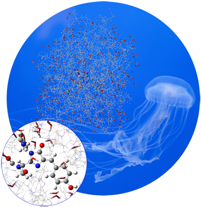 An example of a blue molecule with a close up internal view of the molecule.